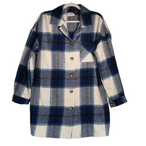 SheIn Flannel Tunic Shirt Women Large Blue White Plaid Pocket Soft Fuzzy Boho